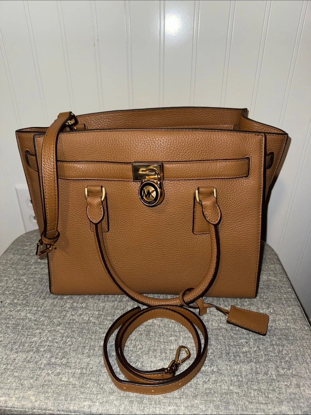 Michael Kors Cognac Pebbled Leather Satchel with Gold-Tone Hardware-Authentic